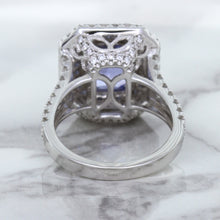 Load image into Gallery viewer, 4.33ct Radiant Cut Blue Sapphire Ring with Sapphire and Diamond Halos in 18K White Gold
