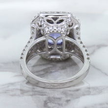 Load image into Gallery viewer, 4.33ct Radiant Cut Blue Sapphire Ring with Sapphire and Diamond Halos in 18K White Gold