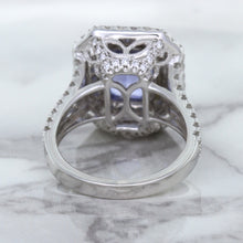 Load image into Gallery viewer, 4.33ct Radiant Cut Blue Sapphire Ring with Sapphire and Diamond Halos in 18K White Gold