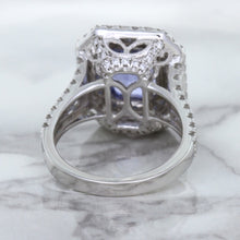 Load image into Gallery viewer, 4.33ct Radiant Cut Blue Sapphire Ring with Sapphire and Diamond Halos in 18K White Gold