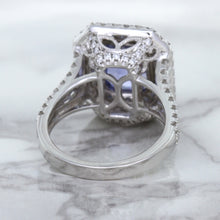 Load image into Gallery viewer, 4.33ct Radiant Cut Blue Sapphire Ring with Sapphire and Diamond Halos in 18K White Gold
