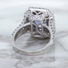 Load image into Gallery viewer, 4.33ct Radiant Cut Blue Sapphire Ring with Sapphire and Diamond Halos in 18K White Gold