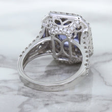Load image into Gallery viewer, 4.33ct Radiant Cut Blue Sapphire Ring with Sapphire and Diamond Halos in 18K White Gold