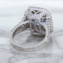 Load image into Gallery viewer, 4.33ct Radiant Cut Blue Sapphire Ring with Sapphire and Diamond Halos in 18K White Gold