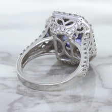 Load image into Gallery viewer, 4.33ct Radiant Cut Blue Sapphire Ring with Sapphire and Diamond Halos in 18K White Gold