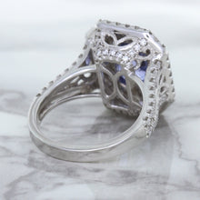Load image into Gallery viewer, 4.33ct Radiant Cut Blue Sapphire Ring with Sapphire and Diamond Halos in 18K White Gold