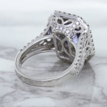 Load image into Gallery viewer, 4.33ct Radiant Cut Blue Sapphire Ring with Sapphire and Diamond Halos in 18K White Gold
