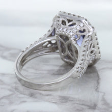 Load image into Gallery viewer, 4.33ct Radiant Cut Blue Sapphire Ring with Sapphire and Diamond Halos in 18K White Gold