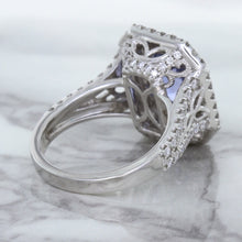 Load image into Gallery viewer, 4.33ct Radiant Cut Blue Sapphire Ring with Sapphire and Diamond Halos in 18K White Gold