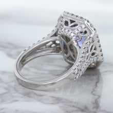 Load image into Gallery viewer, 4.33ct Radiant Cut Blue Sapphire Ring with Sapphire and Diamond Halos in 18K White Gold