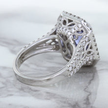 Load image into Gallery viewer, 4.33ct Radiant Cut Blue Sapphire Ring with Sapphire and Diamond Halos in 18K White Gold