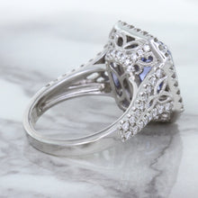 Load image into Gallery viewer, 4.33ct Radiant Cut Blue Sapphire Ring with Sapphire and Diamond Halos in 18K White Gold