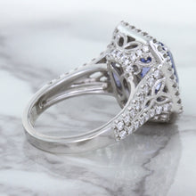 Load image into Gallery viewer, 4.33ct Radiant Cut Blue Sapphire Ring with Sapphire and Diamond Halos in 18K White Gold