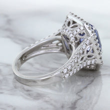 Load image into Gallery viewer, 4.33ct Radiant Cut Blue Sapphire Ring with Sapphire and Diamond Halos in 18K White Gold