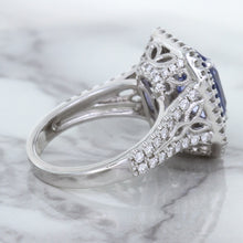 Load image into Gallery viewer, 4.33ct Radiant Cut Blue Sapphire Ring with Sapphire and Diamond Halos in 18K White Gold