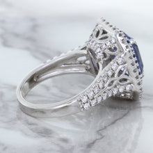 Load image into Gallery viewer, 4.33ct Radiant Cut Blue Sapphire Ring with Sapphire and Diamond Halos in 18K White Gold