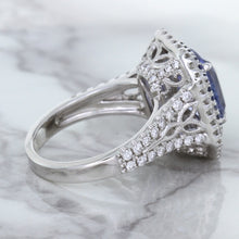 Load image into Gallery viewer, 4.33ct Radiant Cut Blue Sapphire Ring with Sapphire and Diamond Halos in 18K White Gold