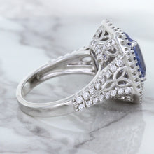 Load image into Gallery viewer, 4.33ct Radiant Cut Blue Sapphire Ring with Sapphire and Diamond Halos in 18K White Gold