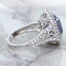 Load image into Gallery viewer, 4.33ct Radiant Cut Blue Sapphire Ring with Sapphire and Diamond Halos in 18K White Gold