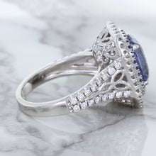 Load image into Gallery viewer, 4.33ct Radiant Cut Blue Sapphire Ring with Sapphire and Diamond Halos in 18K White Gold