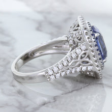 Load image into Gallery viewer, 4.33ct Radiant Cut Blue Sapphire Ring with Sapphire and Diamond Halos in 18K White Gold