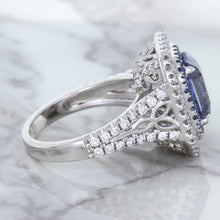 Load image into Gallery viewer, 4.33ct Radiant Cut Blue Sapphire Ring with Sapphire and Diamond Halos in 18K White Gold