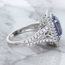 Load image into Gallery viewer, 4.33ct Radiant Cut Blue Sapphire Ring with Sapphire and Diamond Halos in 18K White Gold