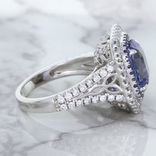 Load image into Gallery viewer, 4.33ct Radiant Cut Blue Sapphire Ring with Sapphire and Diamond Halos in 18K White Gold
