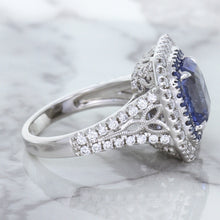 Load image into Gallery viewer, 4.33ct Radiant Cut Blue Sapphire Ring with Sapphire and Diamond Halos in 18K White Gold
