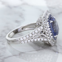 Load image into Gallery viewer, 4.33ct Radiant Cut Blue Sapphire Ring with Sapphire and Diamond Halos in 18K White Gold
