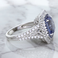 Load image into Gallery viewer, 4.33ct Radiant Cut Blue Sapphire Ring with Sapphire and Diamond Halos in 18K White Gold