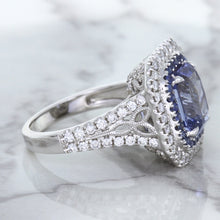 Load image into Gallery viewer, 4.33ct Radiant Cut Blue Sapphire Ring with Sapphire and Diamond Halos in 18K White Gold