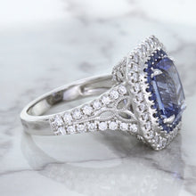Load image into Gallery viewer, 4.33ct Radiant Cut Blue Sapphire Ring with Sapphire and Diamond Halos in 18K White Gold