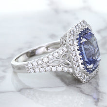 Load image into Gallery viewer, 4.33ct Radiant Cut Blue Sapphire Ring with Sapphire and Diamond Halos in 18K White Gold