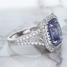 Load image into Gallery viewer, 4.33ct Radiant Cut Blue Sapphire Ring with Sapphire and Diamond Halos in 18K White Gold