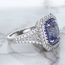 Load image into Gallery viewer, 4.33ct Radiant Cut Blue Sapphire Ring with Sapphire and Diamond Halos in 18K White Gold