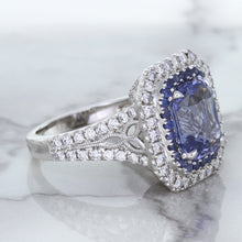 Load image into Gallery viewer, 4.33ct Radiant Cut Blue Sapphire Ring with Sapphire and Diamond Halos in 18K White Gold
