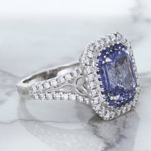 Load image into Gallery viewer, 4.33ct Radiant Cut Blue Sapphire Ring with Sapphire and Diamond Halos in 18K White Gold