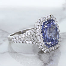 Load image into Gallery viewer, 4.33ct Radiant Cut Blue Sapphire Ring with Sapphire and Diamond Halos in 18K White Gold