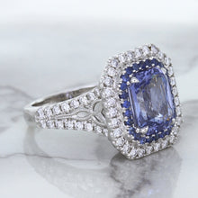 Load image into Gallery viewer, 4.33ct Radiant Cut Blue Sapphire Ring with Sapphire and Diamond Halos in 18K White Gold