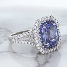 Load image into Gallery viewer, 4.33ct Radiant Cut Blue Sapphire Ring with Sapphire and Diamond Halos in 18K White Gold