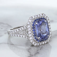 Load image into Gallery viewer, 4.33ct Radiant Cut Blue Sapphire Ring with Sapphire and Diamond Halos in 18K White Gold
