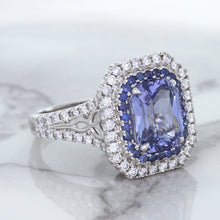 Load image into Gallery viewer, 4.33ct Radiant Cut Blue Sapphire Ring with Sapphire and Diamond Halos in 18K White Gold