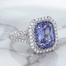 Load image into Gallery viewer, 4.33ct Radiant Cut Blue Sapphire Ring with Sapphire and Diamond Halos in 18K White Gold