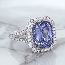 Load image into Gallery viewer, 4.33ct Radiant Cut Blue Sapphire Ring with Sapphire and Diamond Halos in 18K White Gold