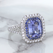 Load image into Gallery viewer, 4.33ct Radiant Cut Blue Sapphire Ring with Sapphire and Diamond Halos in 18K White Gold