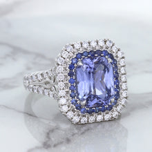 Load image into Gallery viewer, 4.33ct Radiant Cut Blue Sapphire Ring with Sapphire and Diamond Halos in 18K White Gold