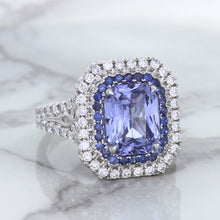 Load image into Gallery viewer, 4.33ct Radiant Cut Blue Sapphire Ring with Sapphire and Diamond Halos in 18K White Gold