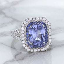 Load image into Gallery viewer, 4.33ct Radiant Cut Blue Sapphire Ring with Sapphire and Diamond Halos in 18K White Gold