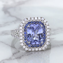 Load image into Gallery viewer, 4.33ct Radiant Cut Blue Sapphire Ring with Sapphire and Diamond Halos in 18K White Gold